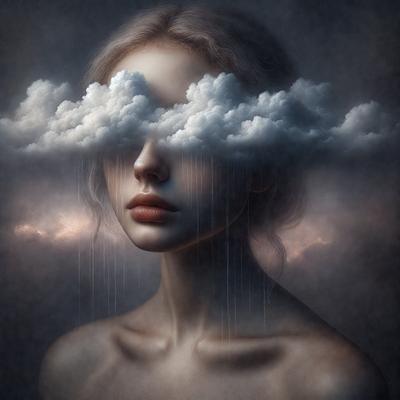 The primary subject of the image is a woman with a cloudy sky in the background. The setting is a dark, moody atmosphere, and the visual style is a digital art or illustration. The colors are predominantly dark, with the cloudy sky being the main focus of the image.